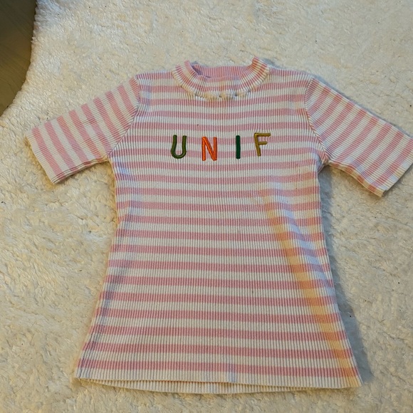 UNIF Tops - UNIF striped pink & white collar shirt